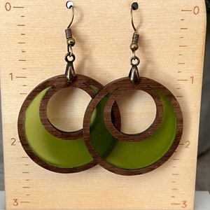 Wood and Acrylic Dangle Hoop Earrings Translucent Frosted Acrylic Inlay Green Fall Earrings Lightweight Earrings Gift for Mom image 2