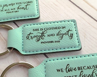 Religious Keychain - Teal Faux Leather - Laser Engraved - Easter Gift - 2 3/4 x 1 1/4 Inches - Baptism Favor - Key Fob - For Mom - Church