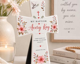 Personalized Baptism Cross: Full Color Printed on Glossy Ceramic with Easel and Hanger