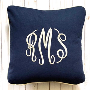 Monogram Pillow - 16 x 16 - Three Letter Master Circle - Navy Blue Canvas with Natural Piping - Zipper - Sofa Throw Pillow - Wedding Gift