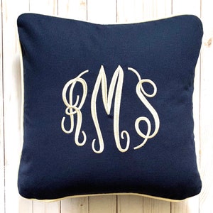 Personalized Pillow 16 x 16 Navy Blue Canvas with Natural Piping Invisible Zipper Sofa Throw Pillow Monogram or Letter Initial image 2