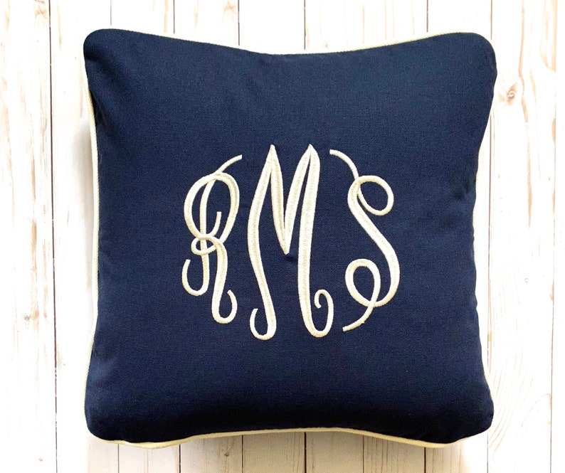 Personalized Pillow 16 x 16 Navy Blue Canvas with Natural Piping Invisible Zipper Sofa Throw Pillow Monogram or Letter Initial image 2