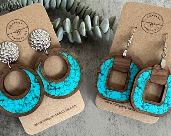 Southwestern Earrings - Round or Square Hoop - Walnut and Faux Turquoise Wood - Silver  - Western Wear - Rodeo - Country Western Jewelry