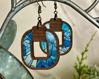 Blue Earrings - Wood and Acrylic - Dangle Hoops - Jewelry for Her - Lightweight - Gift for Bridesmaid - For Mom - Blue Jewelry