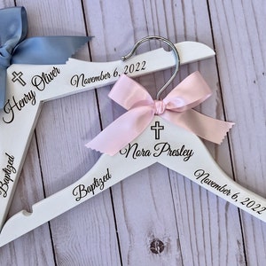 Personalized Baptism Gown Hanger - Baby Girl or Boy - Christening Gift - From Godparents - Keepsake - White Wood - Laser Engraved