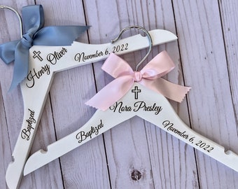 Personalized Baptism Gown Hanger - Baby Girl or Boy - Christening Gift - From Godparents - Keepsake - White Wood - Laser Engraved