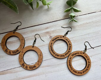 Christian Earrings for Her - Round Dangle Earrings - Laser Cut Cherry Bronze Wires - I can do all things - Gift for Her - Religious Jewelry