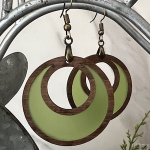 Wood and Acrylic Dangle Hoop Earrings Translucent Frosted Acrylic Inlay Green Fall Earrings Lightweight Earrings Gift for Mom Green