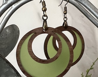 Wood and Acrylic Dangle Hoop Earrings - Translucent Frosted Acrylic Inlay - Green - Fall Earrings - Lightweight Earrings - Gift for Mom