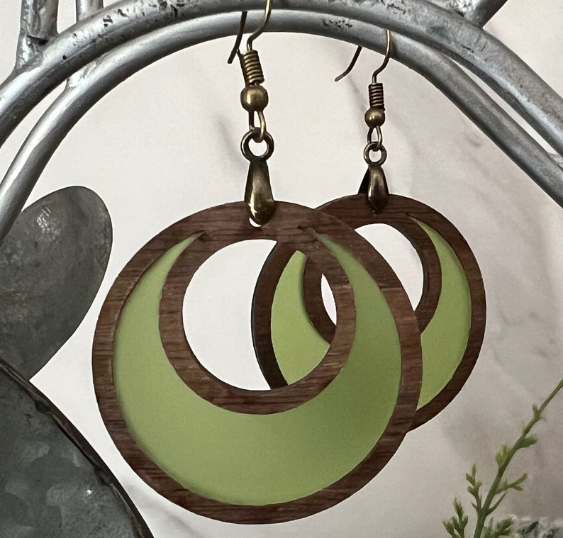 Wood and Acrylic Dangle Hoop Earrings Translucent Frosted Acrylic Inlay Green Fall Earrings Lightweight Earrings Gift for Mom Green