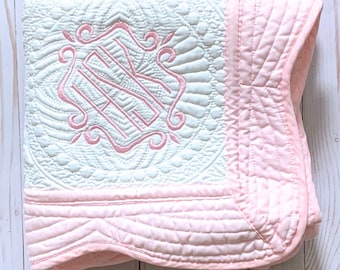 Personalized Baby Blanket - White with Pink Trim Quilt - 36 x 46 Inches - Pink Nursery Decor - New Baby Gift - Sig