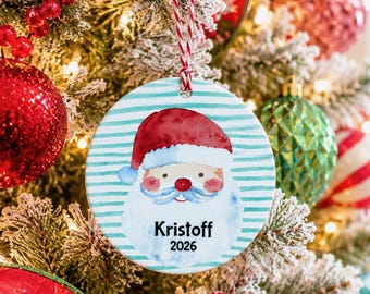 Personalized Ornament Kids: White Acrylic Santa Face with Names UV Printed in Color