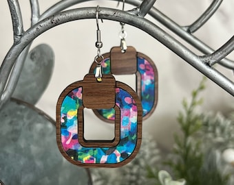 Wood Earrings - Abstract Floral - Square Hoop Dangle - Blue and Pink - Jewelry For her - Laser Cut - Modern Earrings