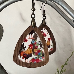 Chicken Earrings Wood and Acrylic Farm Mom Gift for Chicken Lover Dangle Earrings image 1