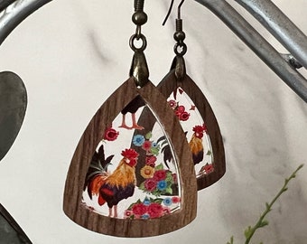 Chicken Earrings - Wood and Acrylic - Farm Mom - Gift for Chicken Lover - Dangle Earrings