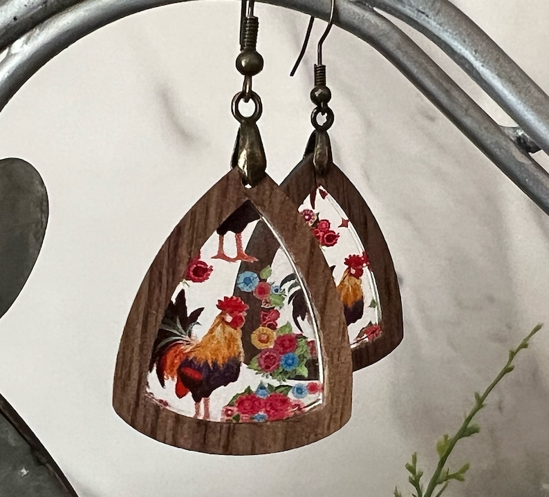 Chicken Earrings Wood and Acrylic Farm Mom Gift for Chicken Lover Dangle Earrings image 1