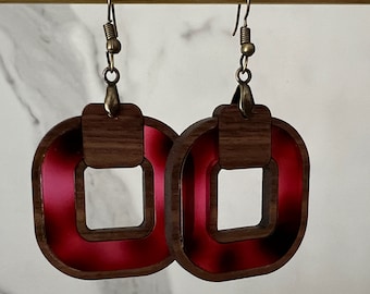Red Tortoise Shell Earrings - Wood and Acrylic - Dangle Hoops - Jewelry for Her - Lightweight - Gift for Bridesmaid - For Mom - Red Earrings