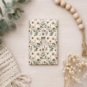 Plaque d'interrupteur à motif fleurs sauvages et abeilles : Décoration style cottage ou ferme