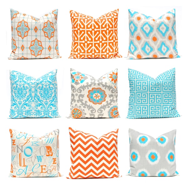 Orange Pillow Covers - Decorative Pillows - Orange and Turquoise - Sofa Pillow Covers - 18 x 18 and More Sizes - Modern Throw Pillow Covers