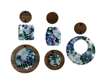 Earring Blanks - Wood and Acrylic - DIY Earrings - For Jewelry Making - Pattern Acrylic - Blue Floral - Inlay Earrings - Wholesale Blanks
