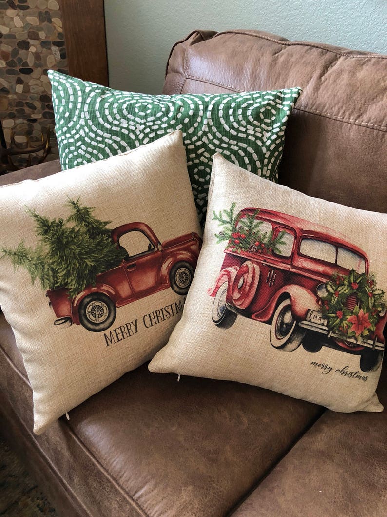 Christmas Pillow Red Truck Pillow Vintage Christmas Pillow Etsy
