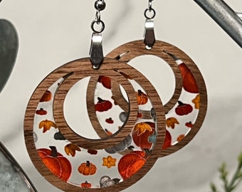 Fall Earrings - Wood and Acrylic Inlay - Dangle - Round Hoops - Stainless Ear Wires - Autumn Pumpkins - Thanksgiving Gift - Halloween