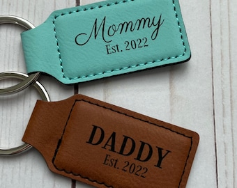 New Parents Gift - Key Rings - Teal or Rawhide Faux Leather - Laser Engraved - New Mommy - 2 3/4 x 1 1/4 Inches - New Daddy - Key Fob