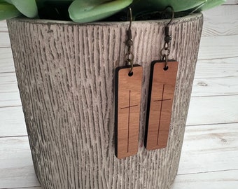 Cross Earrings for Her - Dangle Earrings - Laser Cut Cherry Ply with Bronze Wires - Lightweight - Gift for Her - Christian Jewelry