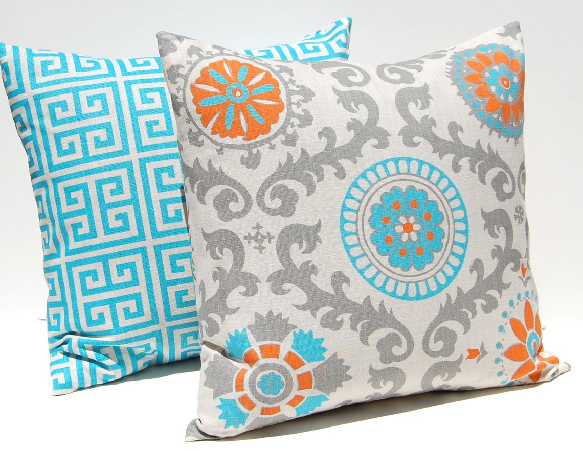 Decorative Throw Pillow Covers Turquoise Orange and Gray on Etsy