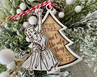 Funny Christmas Ornament - Getting Lit - Wine Drinker Gift - Tree Ornament - White Elephant - Laser Engraved Wood - Retro Woman - BFF Gift