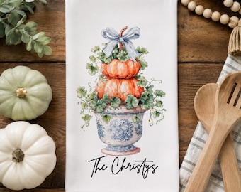 Personalized Fall Pumpkin Kitchen Tea Towel: Watercolor Blue Chinoiserie Design