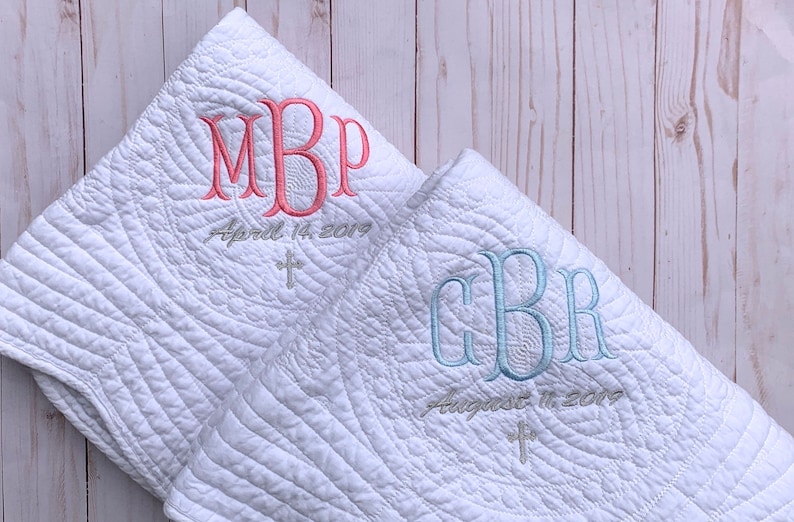 Baptism Blanket Personalized Monogram Quilt New Baby Gift Personalized Baby Quilt Baptism Gift for Girl Baptism Gift for Boy image 1