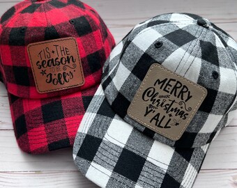 Buffalo Plaid Baseball Cap - Christmas - Faux Leather Patch - Gift for Her Under 25 - Women's Hat - Red and Black - Black and White - Snow