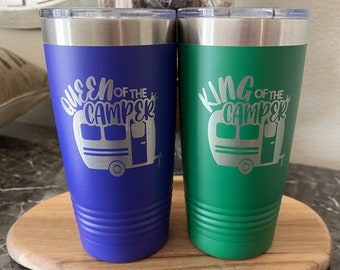 Gift for Campers - Husband and Wife - Drink Tumblers - King Queen of Camper - New RV Owners - Insulated - 20 Ounce -  New RV Owners Gift