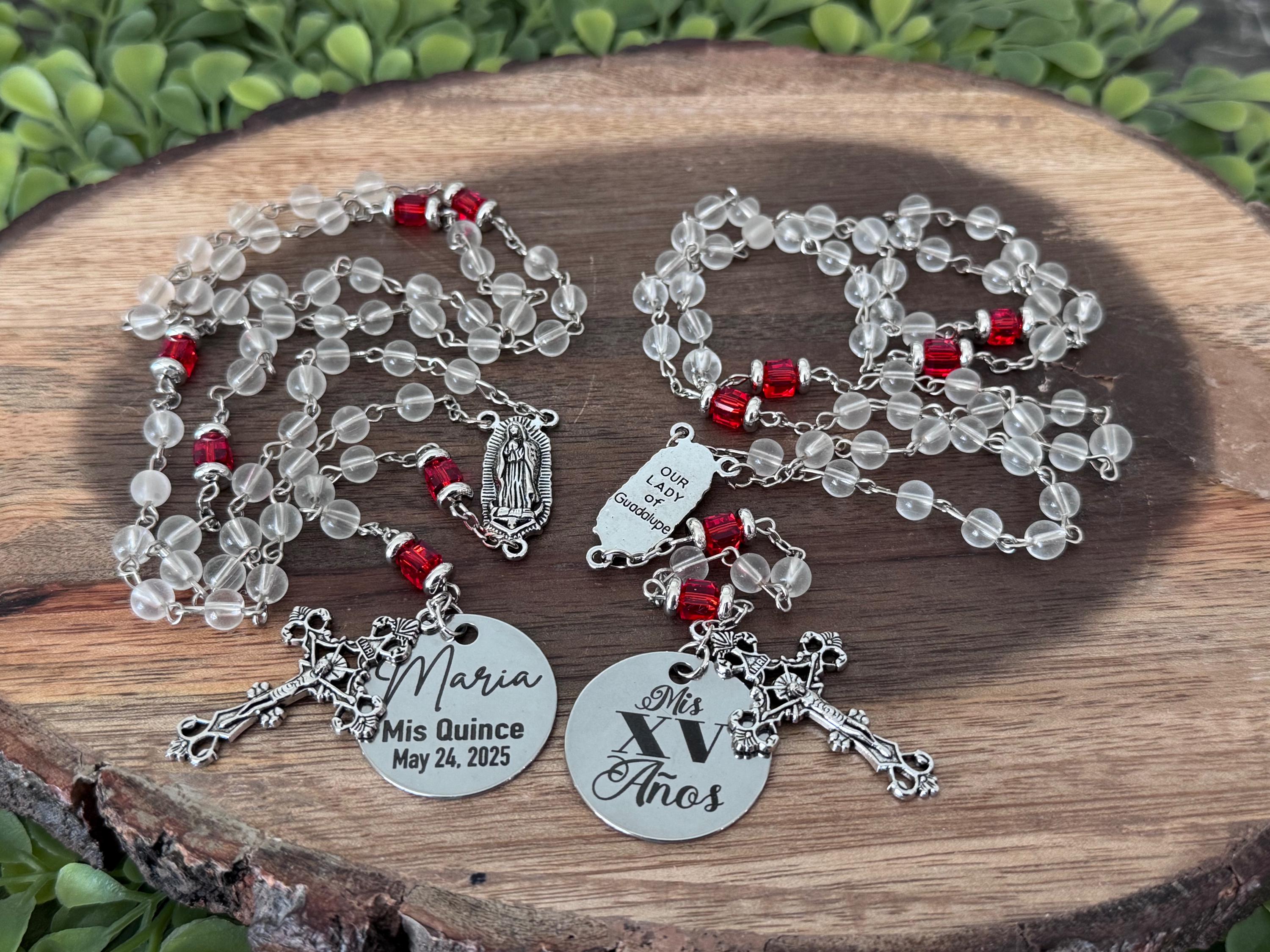 Personalized Quinceañera Rosary: Lady of Guadalupe, Crystal Beads