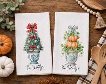 Personalized Kitchen Tea Towels: Fall and Christmas Bundle for Hostess or Wedding Gift