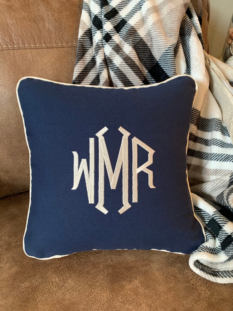 Personalized Pillow 16 x 16 Navy Blue Canvas with Natural Piping Invisible Zipper Sofa Throw Pillow Monogram or Letter Initial image 3