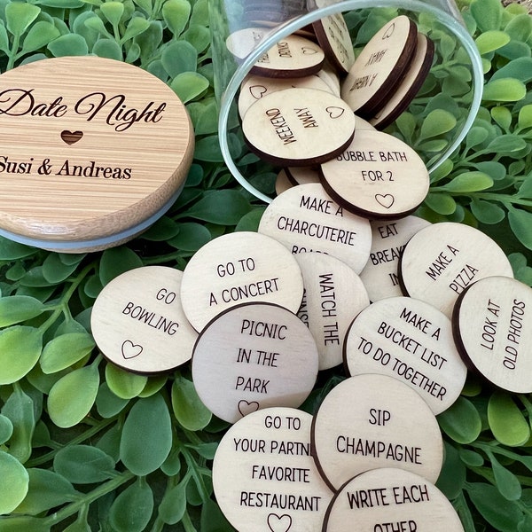 Date Night Jar - Personalized Valentines Gift - Wood Tokens - Couple Gift - Wedding Gift - 5th Anniversary - For Her - Bridal Shower - Wife