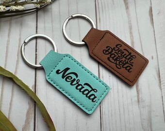 State Keychain - Teal and Rawhide Faux Leather - Laser Engraved - Any State - 2 3/4 x 1 1/4 Inches - New Homeowners - Going Away Gift