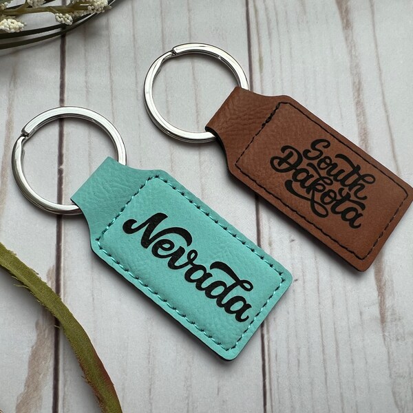 State Keychain - Teal and Rawhide Faux Leather - Laser Engraved - Any State - 2 3/4 x 1 1/4 Inches - New Homeowners - Going Away Gift