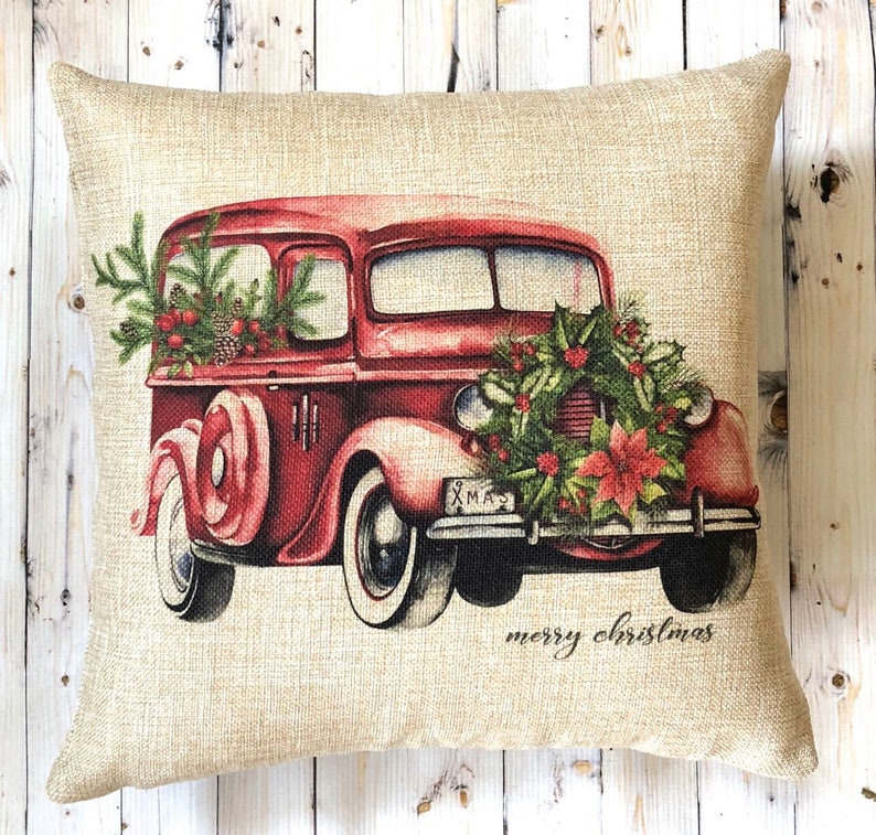 Christmas Pillow Red Truck Pillow Vintage Christmas Pillow Etsy