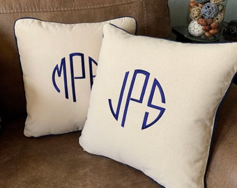 Monogram Pillow - 16 x 16 - Natural Canvas with Navy Blue Piping - Invisible Zipper - Sofa Throw Pillow - Personalized Dorm Decor