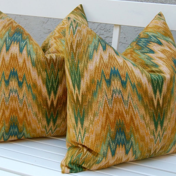 Last One DecorativeThrow Pillow Cover - 16 x 16 Flamestitch Chevron Missoni Style in Autumn Colors of Gold and Teal