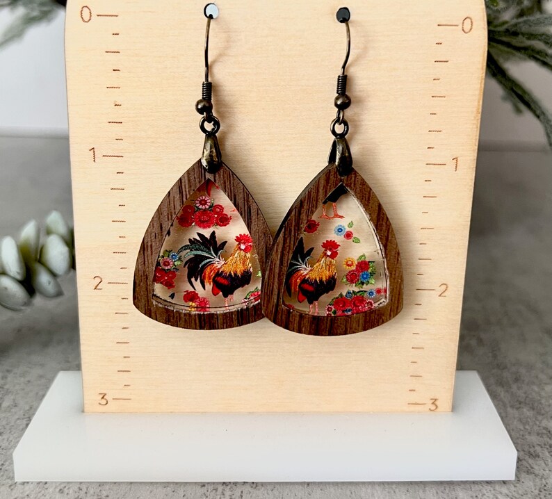 Chicken Earrings Wood and Acrylic Farm Mom Gift for Chicken Lover Dangle Earrings image 3