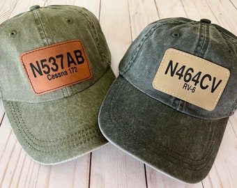 Tail Number Hat - Gift for Pilot - Baseball Cap - Aviation - Pigment Dyed - Airplane - Laser Engraved Patch - For Him - For Her - Cessna