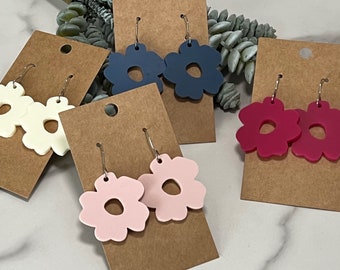 Floral Earrings - Matte Acrylic - Lightweight - Stainless Steel Wires - Boho Style - Funky Earrings - Jewelry for Her - Twelve Colors