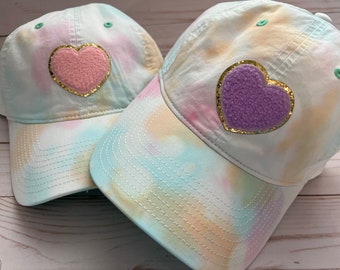 Ladies Baseball Cap - Tie Dye Pastel = Chenille Heart Patch - Bachelorette - Bridesmaid Gift - Girls Trip - Women's Baseball Hat