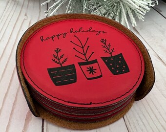 Christmas Coasters - Red Leatherette - Drink Coasters - Scandinavian Christmas Decor - Nordic Gifts - Bar Coaster - Coaster Set with Holder