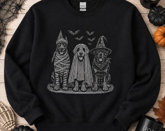 Vintage Style Halloween Sweatshirt: Mummy, Ghost and Witch Dogs Embroidered