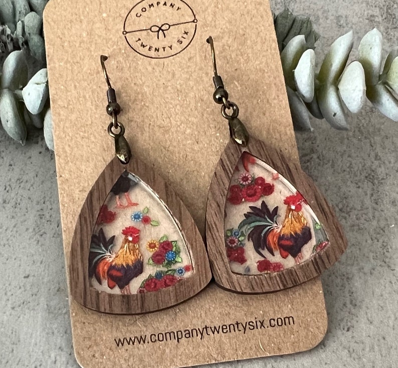 Chicken Earrings Wood and Acrylic Farm Mom Gift for Chicken Lover Dangle Earrings image 2